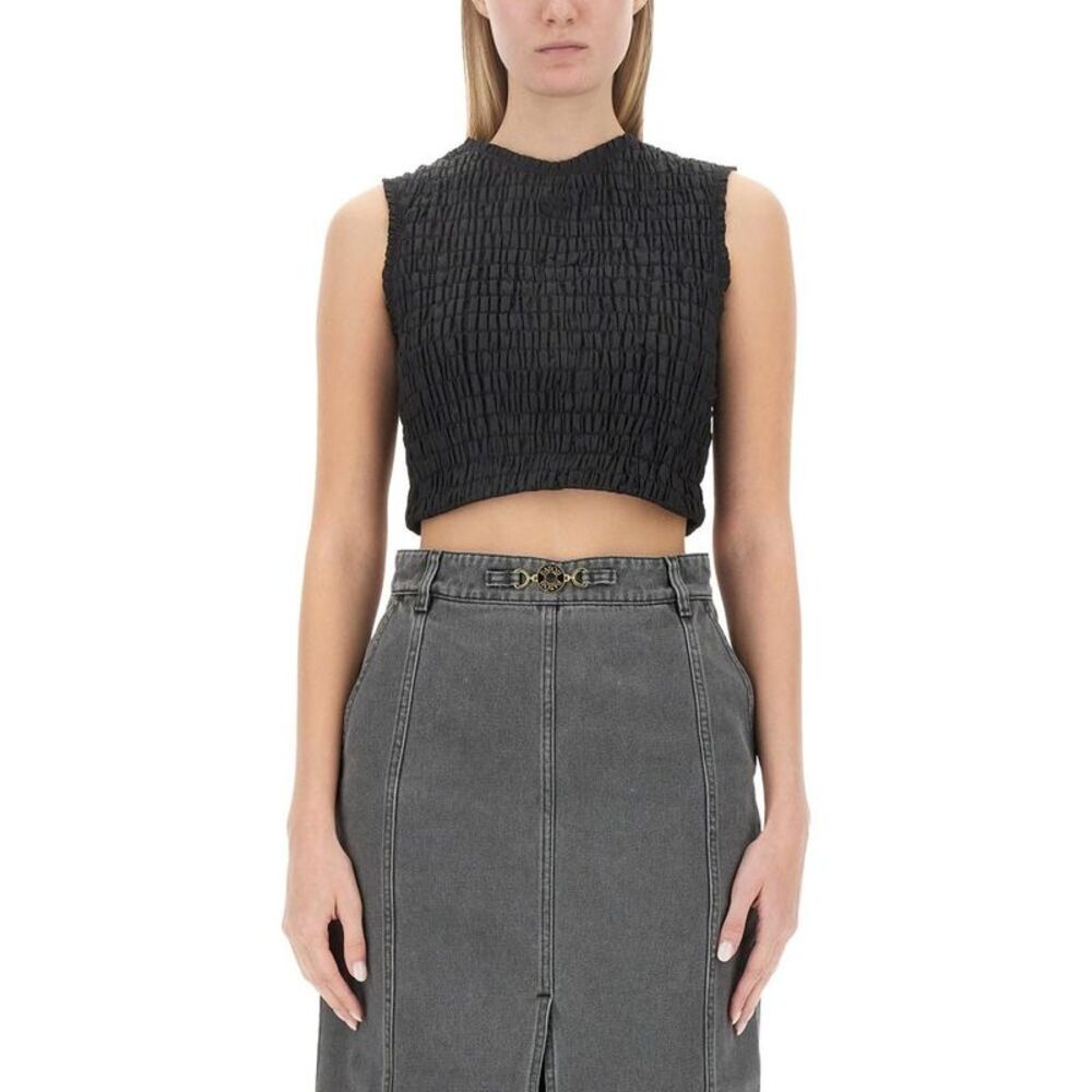 PATOU Smocked Mock Neck Sleeveless Crop Top Women BLACK T-Shirts & Tops